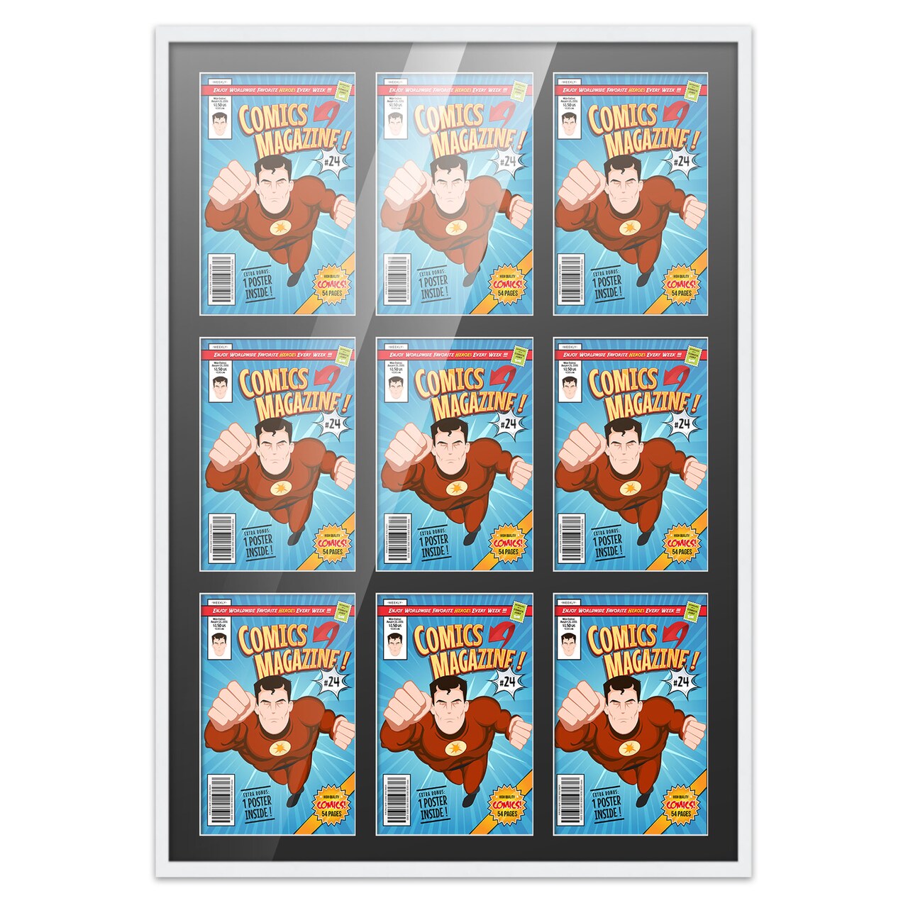 Comic Book Frame with Mat for 9 Current Era Comics Published After 1985 - White Wood Comic Frame With Black Mat for 6.875x10.5 Comics - 29x38.5 Frame Size